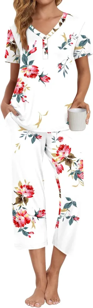Anyally Women's Pajama Set Plus Size Short Sleeve Top and Pants 2 Piece Lounge Sets Summer Ladies Pjs Sets