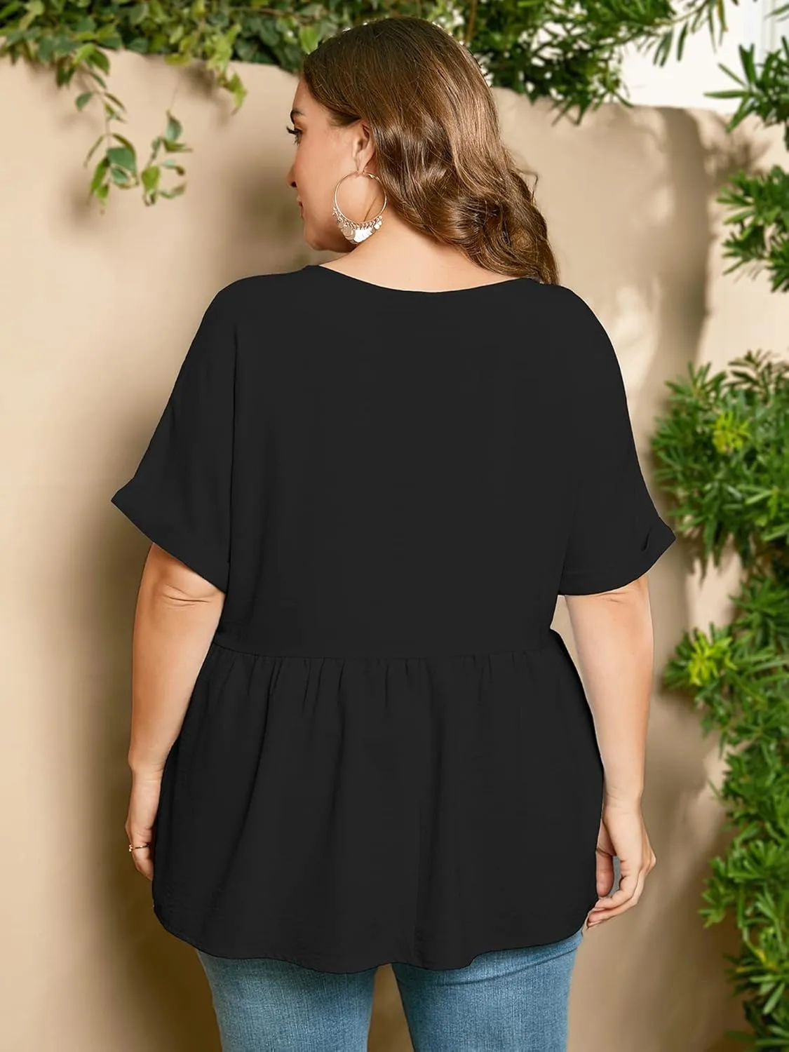 AusLook Plus Size Tunic for Women Double Ruffle Short Sleeve Clothes Loose Fit Clothing Flowy Shirts Summer Tops