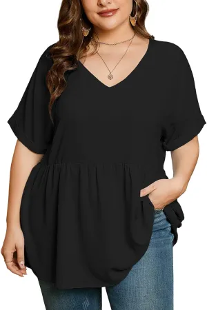 AusLook Plus Size Tunic for Women Double Ruffle Short Sleeve Clothes Loose Fit Clothing Flowy Shirts Summer Tops