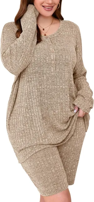 AusLook Women's Plus Size Lounge Pajamas Sets 2 Piece Ribbed Knit Long Sleeve Top and Shorts Outfits Loungewear Sweatsuit