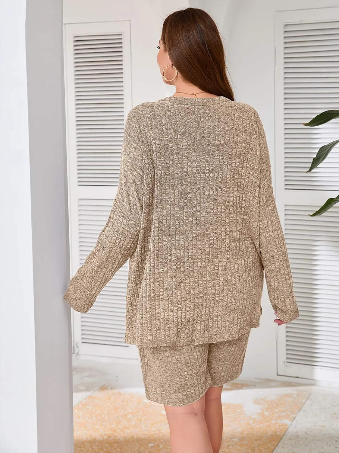 AusLook Women's Plus Size Lounge Pajamas Sets 2 Piece Ribbed Knit Long Sleeve Top and Shorts Outfits Loungewear Sweatsuit