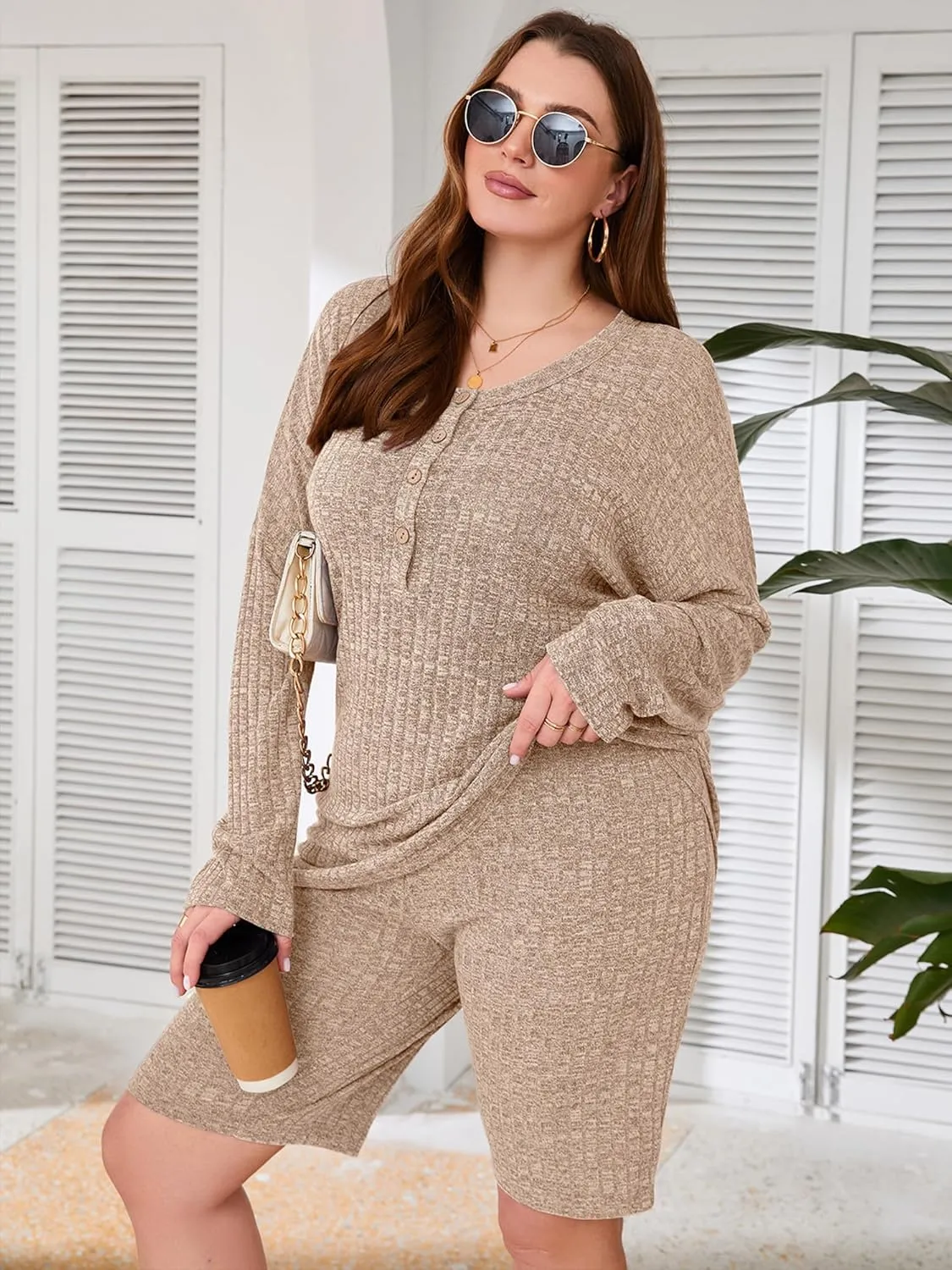 AusLook Women's Plus Size Lounge Pajamas Sets 2 Piece Ribbed Knit Long Sleeve Top and Shorts Outfits Loungewear Sweatsuit