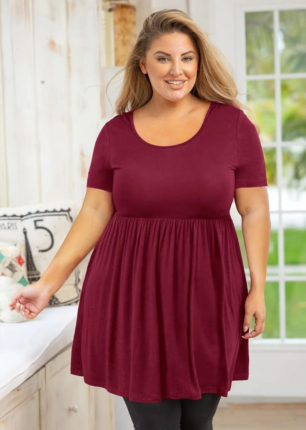AusLook Women's Plus Size Tunic Short Sleeve Clothes Scoop Neck Summer Tops Pleated Flowy Loose Fit Babydoll T Shirt L-5X