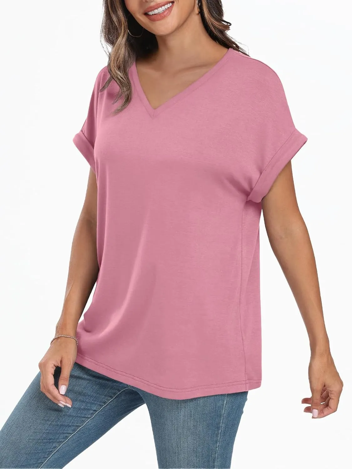 AUTOMET Women's Oversized V Neck Tshirts Casual Basic Short Sleeve Summer Tops Loose Fit 2025 Plain Tee Shirts