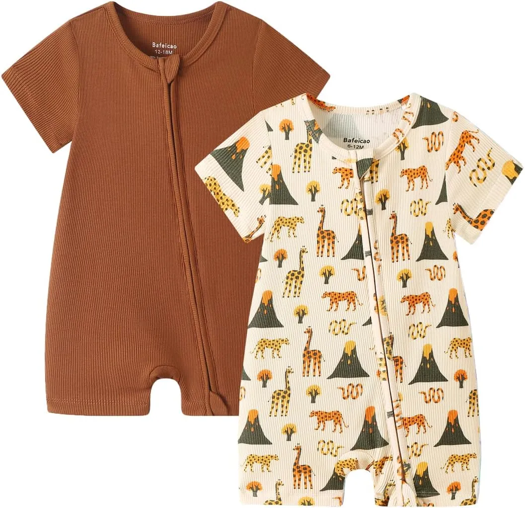 Bafeicao Baby 2 Pack Bamboo Viscose Sleeper Romper Soft Ribbed Short Sleeve 2 Way Zipper Summer Pajamas Clothes