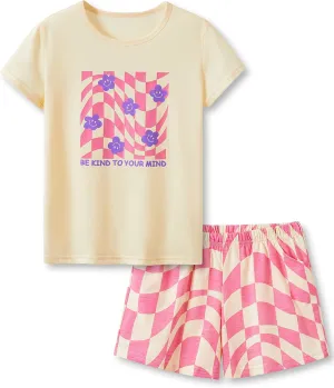 Beezizac Girls Cotton Sleepover Pajama Set for Little & Big Girls Short Sleeve Set 2-Piece PJ Size 4T-18