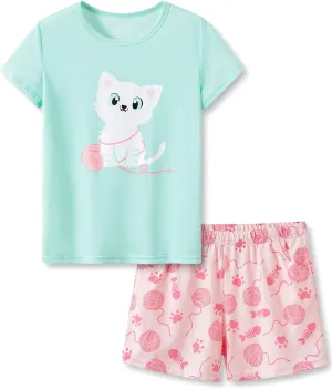 Beezizac Girls Cotton Sleepover Pajama Set for Little & Big Girls Short Sleeve Set 2-Piece PJ Size 4T-18