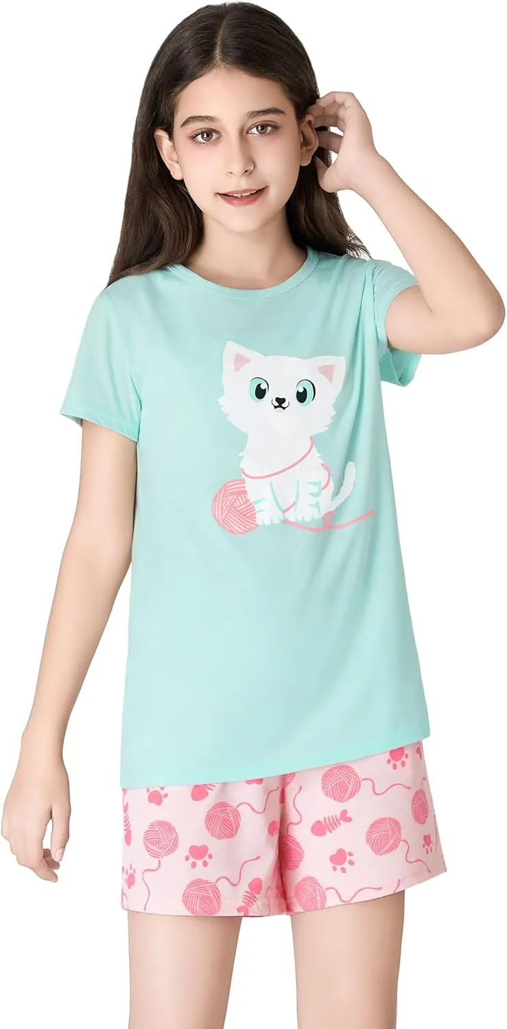 Beezizac Girls Cotton Sleepover Pajama Set for Little & Big Girls Short Sleeve Set 2-Piece PJ Size 4T-18