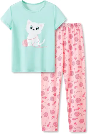 Beezizac Girls Cotton Sleepover Pajama Set for Little & Big Girls Short Sleeve Set 2-Piece PJ Size 4T-18