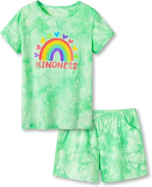 Beezizac Tie Dye Pajamas for Girls - 100% Cotton Glitter Butterfly Cat Summer Short Sleeve PJ Set Tween Clothes Size 4T - 18