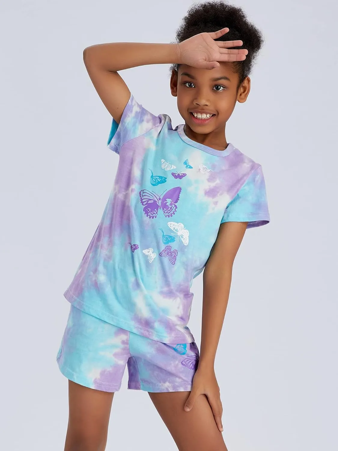 Beezizac Tie Dye Pajamas for Girls - 100% Cotton Glitter Butterfly Cat Summer Short Sleeve PJ Set Tween Clothes Size 4T - 18
