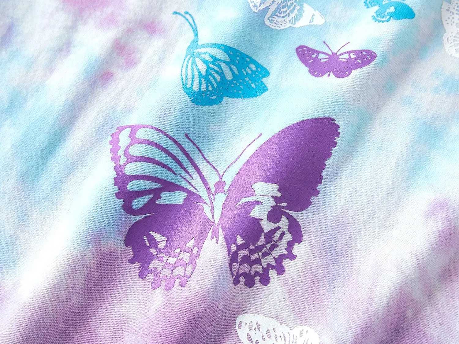 Beezizac Tie Dye Pajamas for Girls - 100% Cotton Glitter Butterfly Cat Summer Short Sleeve PJ Set Tween Clothes Size 4T - 18