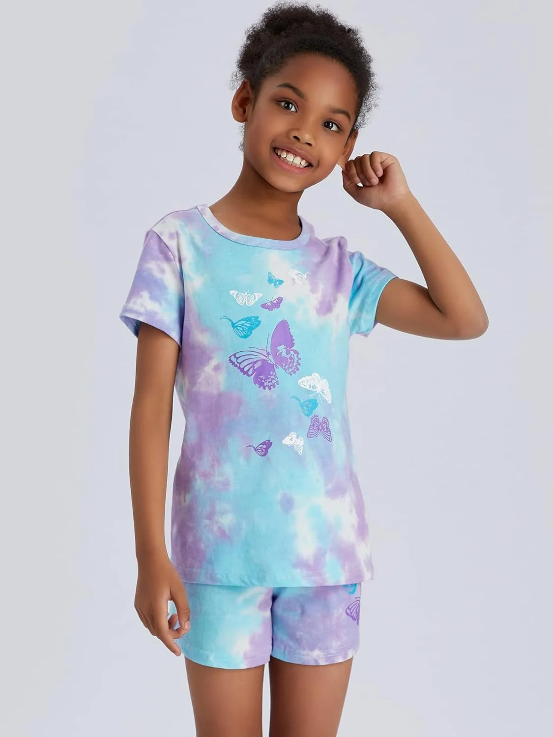 Beezizac Tie Dye Pajamas for Girls - 100% Cotton Glitter Butterfly Cat Summer Short Sleeve PJ Set Tween Clothes Size 4T - 18