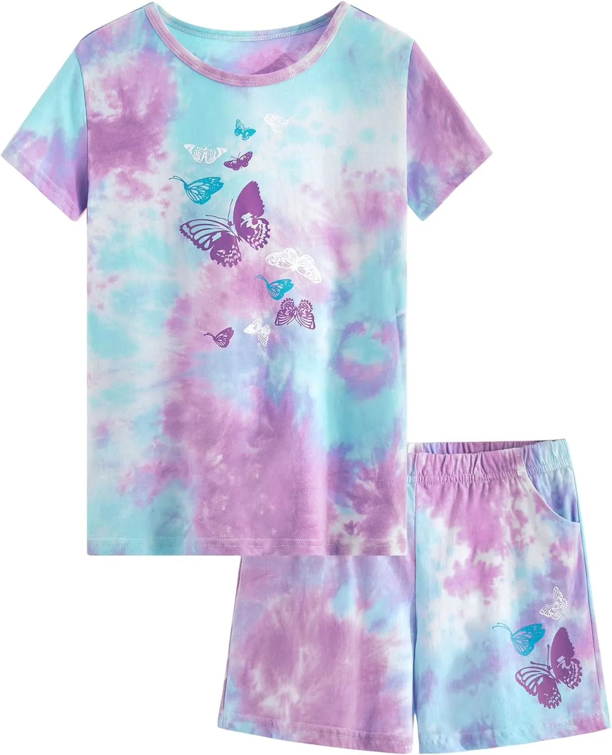 Beezizac Tie Dye Pajamas for Girls - 100% Cotton Glitter Butterfly Cat Summer Short Sleeve PJ Set Tween Clothes Size 4T - 18