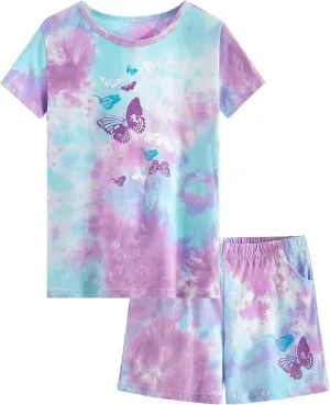Beezizac Tie Dye Pajamas for Girls - 100% Cotton Glitter Butterfly Cat Summer Short Sleeve PJ Set Tween Clothes Size 4T - 18