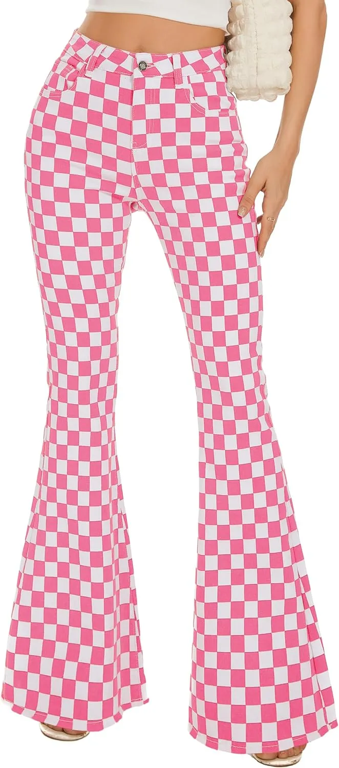 Bell Bottom Jeans for Women High Waisted Stretch Plaid Flare Jeans Denim Bootcut Pants