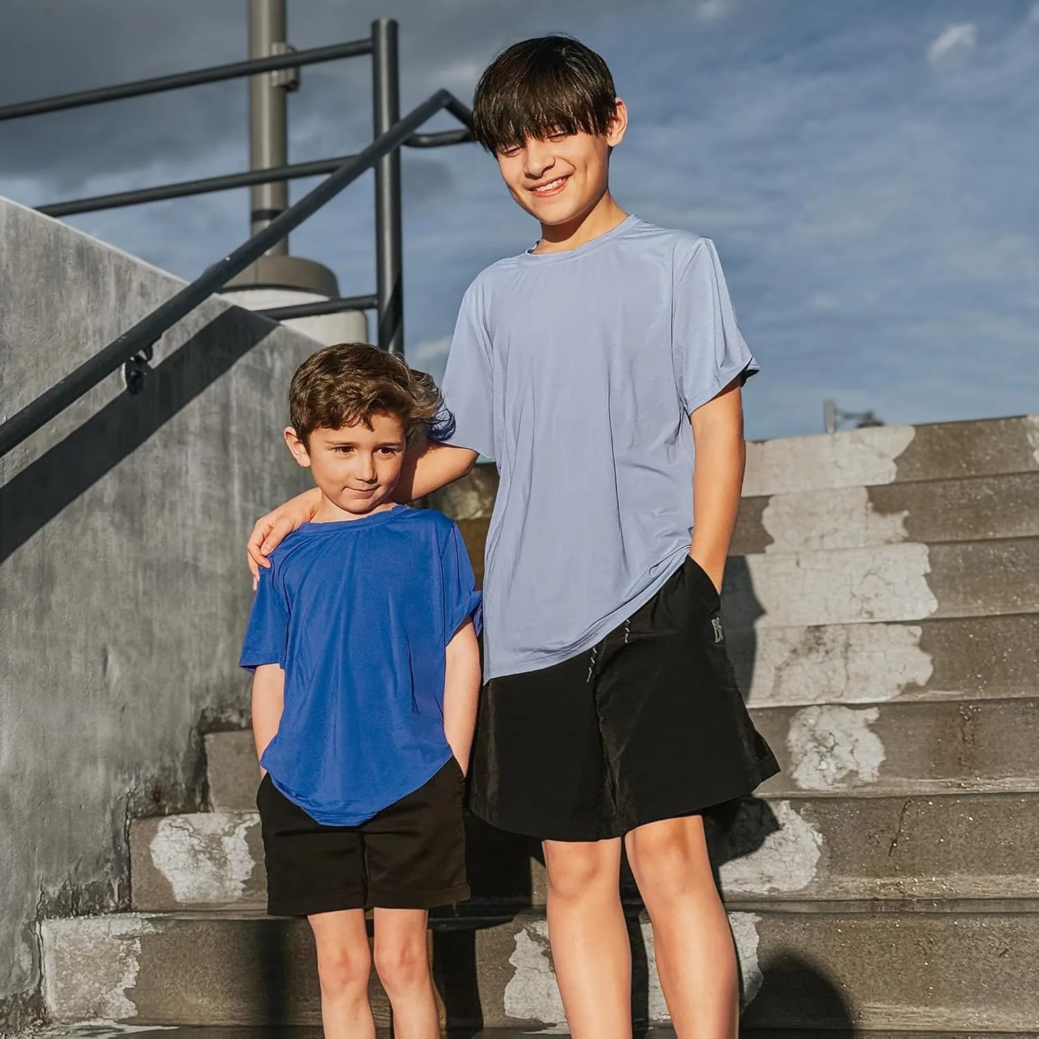 BIG ELEPHANT 4 Pack Boys Athletic Short T-Shirts, UPF 50  Sun Protection Rash Guard Shirts |Quick-Dry,Moisture-Wicking