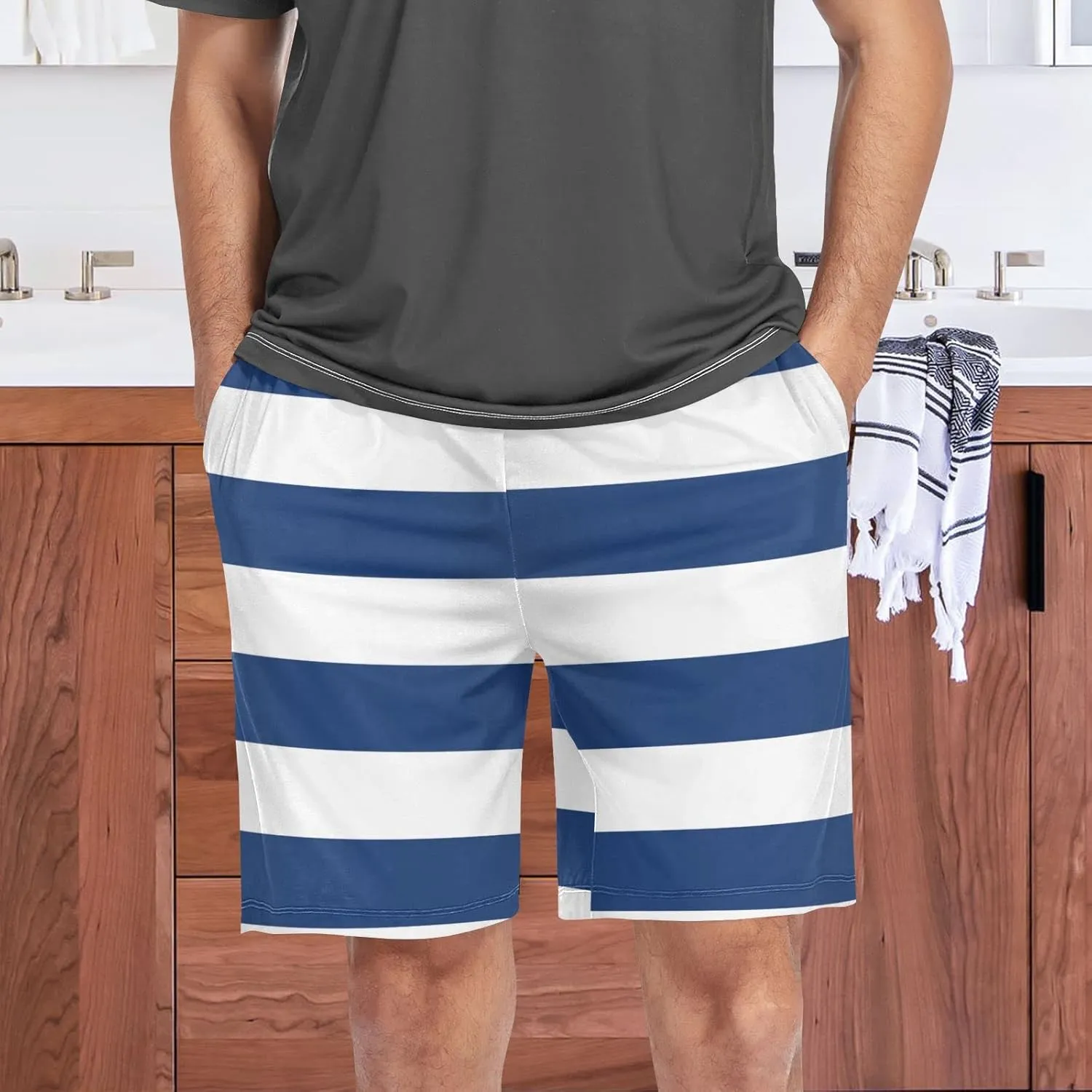 Blue And Red Horizontal Stripe Fashion Striped Pattern Men's Pajama Pants Shorts Sleepwear Lounge Pajama Bottoms
