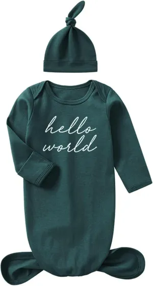 Bow Dream Baby Knotted Gown Soft Newborn Infant Long Sleeve Sleeper for Baby Boy Sleepwear with Hat Set
