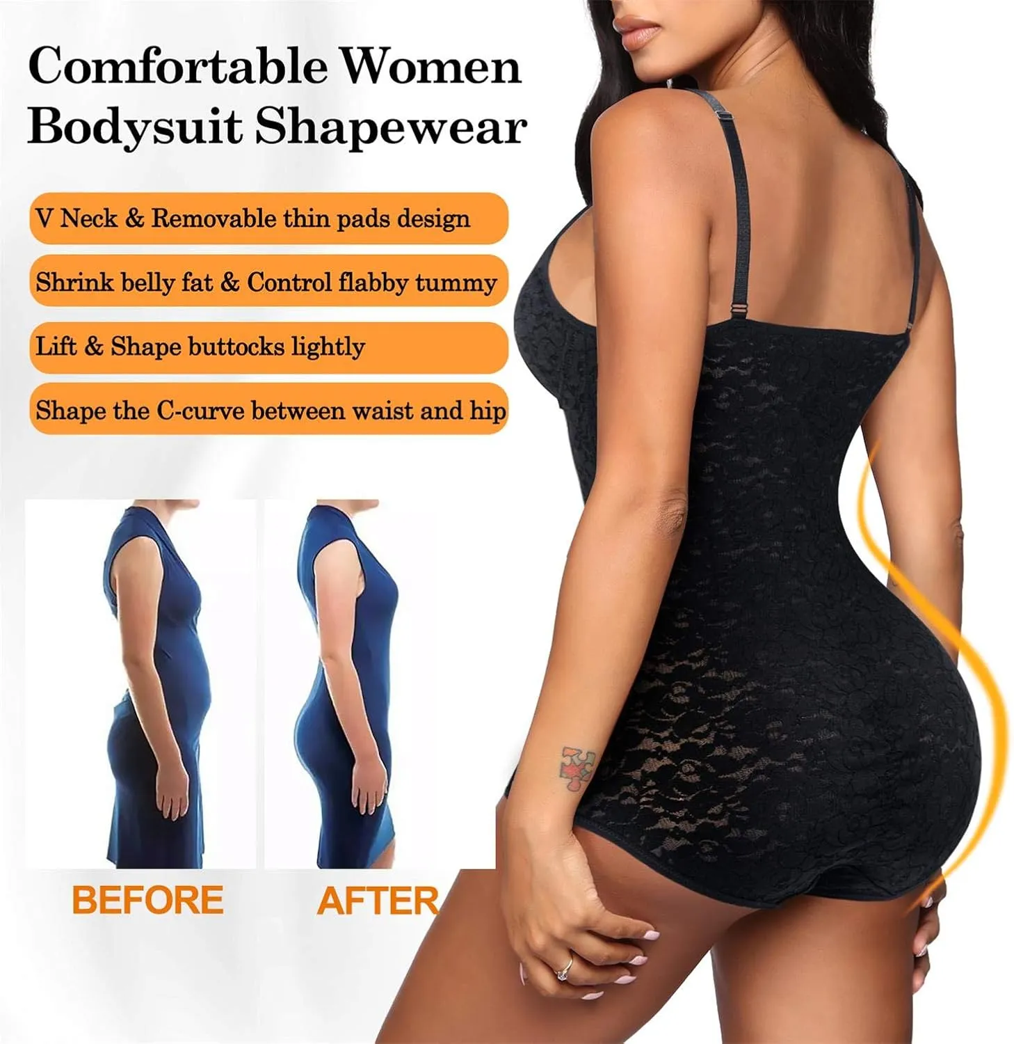 BRABIC Lace Bodysuit for Women Tummy Control Shapewear Sleeveless Tops V-Neck Backless Camisole Jumpsuit Shaper