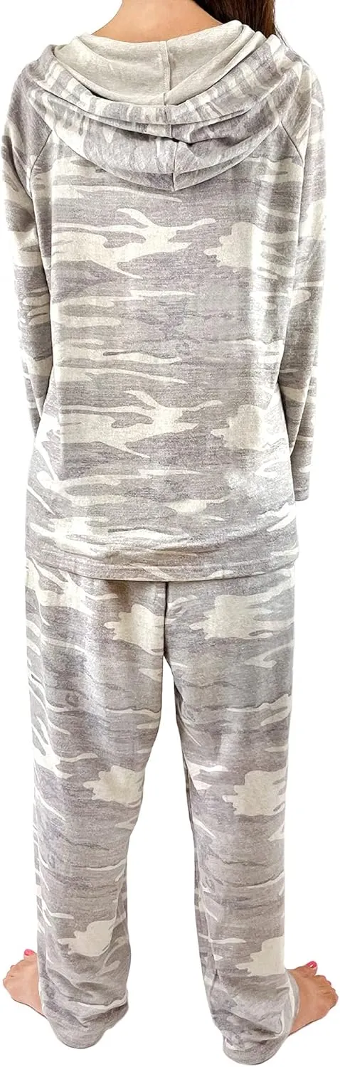 Brittany Black Womens French Terry Knit Patterned Long Sleeve Hoodie Tops and Pants Pajamas Set Loungewear