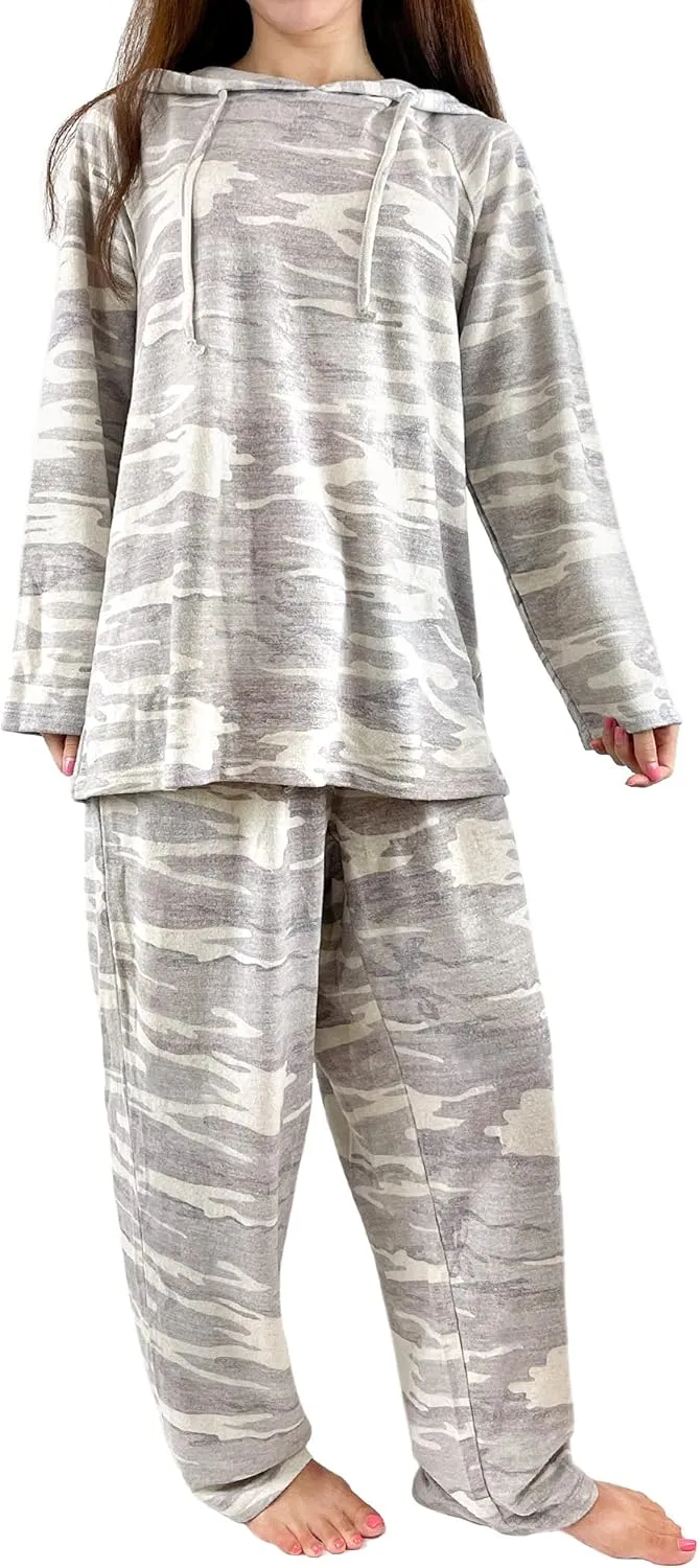 Brittany Black Womens French Terry Knit Patterned Long Sleeve Hoodie Tops and Pants Pajamas Set Loungewear