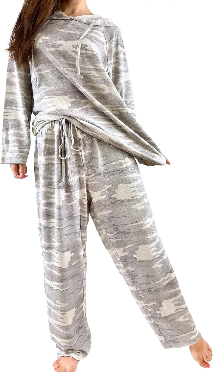 Brittany Black Womens French Terry Knit Patterned Long Sleeve Hoodie Tops and Pants Pajamas Set Loungewear