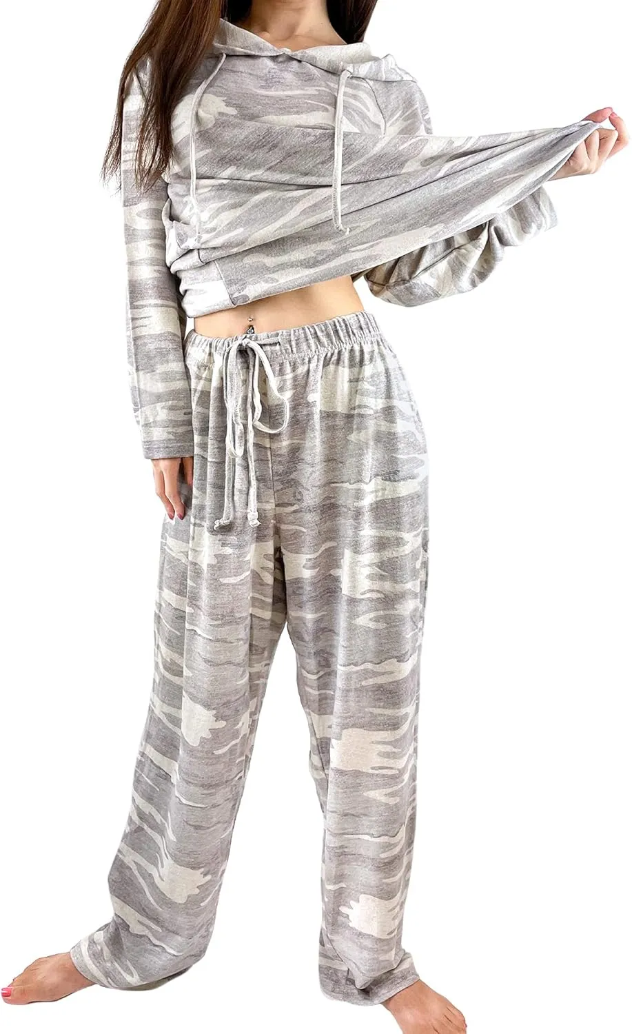 Brittany Black Womens French Terry Knit Patterned Long Sleeve Hoodie Tops and Pants Pajamas Set Loungewear