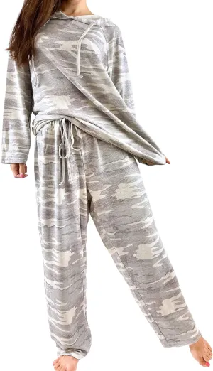 Brittany Black Womens French Terry Knit Patterned Long Sleeve Hoodie Tops and Pants Pajamas Set Loungewear
