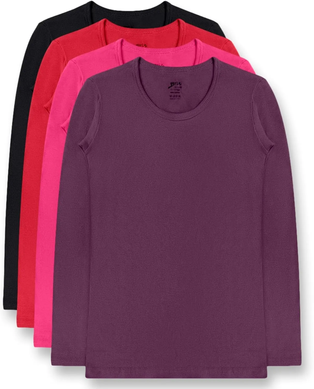 Brix Girls' Long Sleeve Tees - 100% Cotton Tagless 4 -Pack Crew Neck Super Soft Cotton T Shirts.