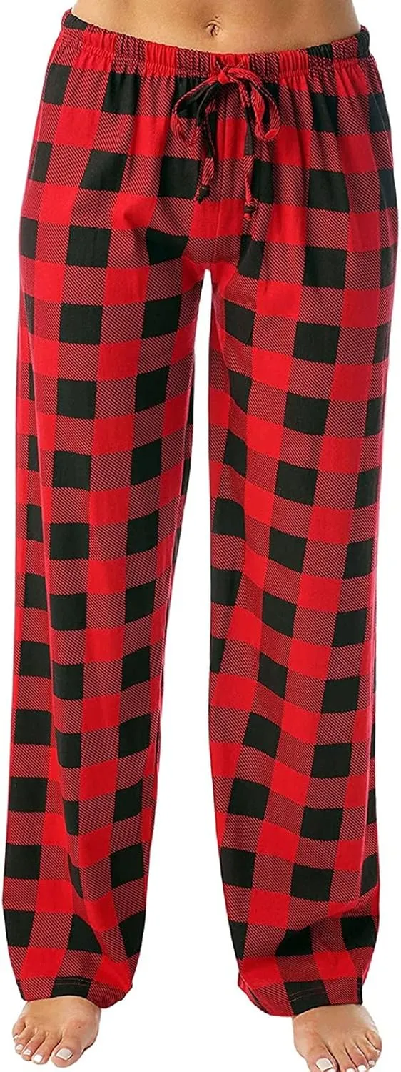 Buffalo Plaid Pajama Pants Women Soft Drawstring Comfy Wide Leg Lounge Pants Elastic Waist Loose Casual Loungewear