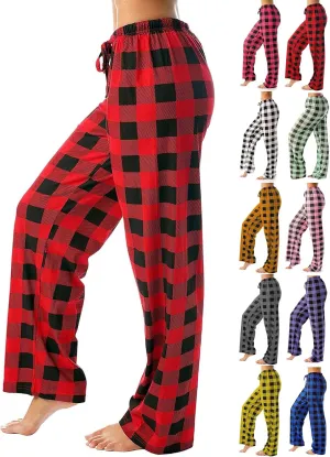 Buffalo Plaid Pajama Pants Women Soft Drawstring Comfy Wide Leg Lounge Pants Elastic Waist Loose Casual Loungewear