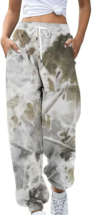 Camo Cargo Pants for Women - High Waisted Wide Leg Sweatpants, Baggy Elastic Joggers, Camouflage Trousers for Workout