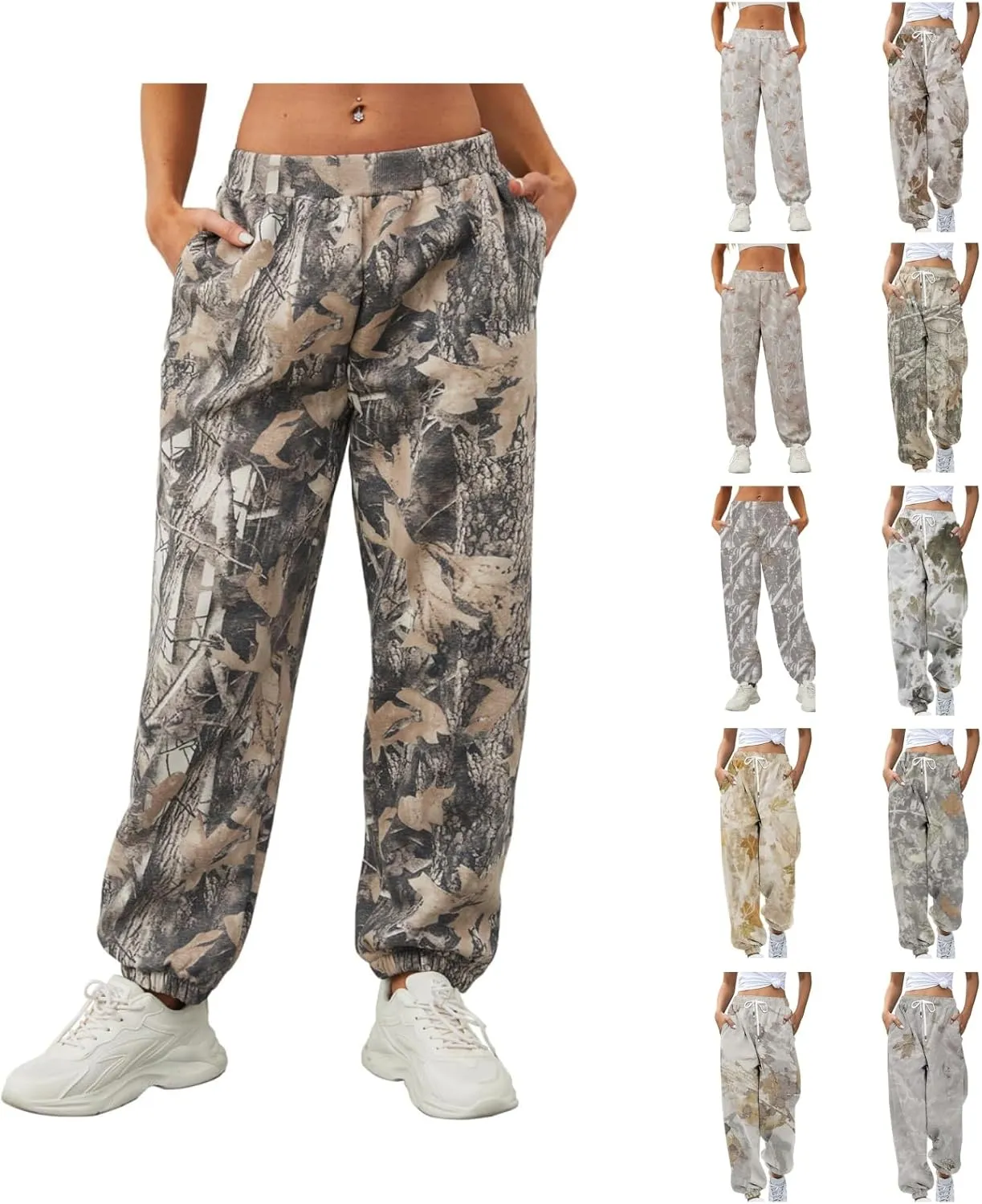 Camo Cargo Pants for Women - High Waisted Wide Leg Sweatpants, Baggy Elastic Joggers, Camouflage Trousers for Workout