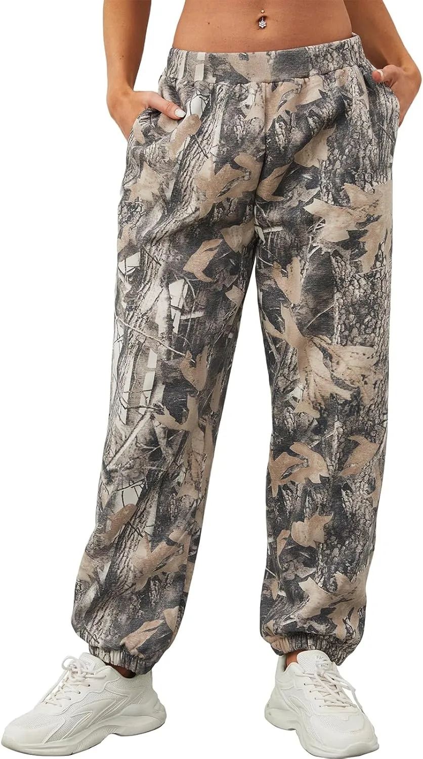Camo Cargo Pants for Women - High Waisted Wide Leg Sweatpants, Baggy Elastic Joggers, Camouflage Trousers for Workout