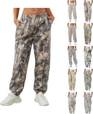 Camo Cargo Pants for Women - High Waisted Wide Leg Sweatpants, Baggy Elastic Joggers, Camouflage Trousers for Workout