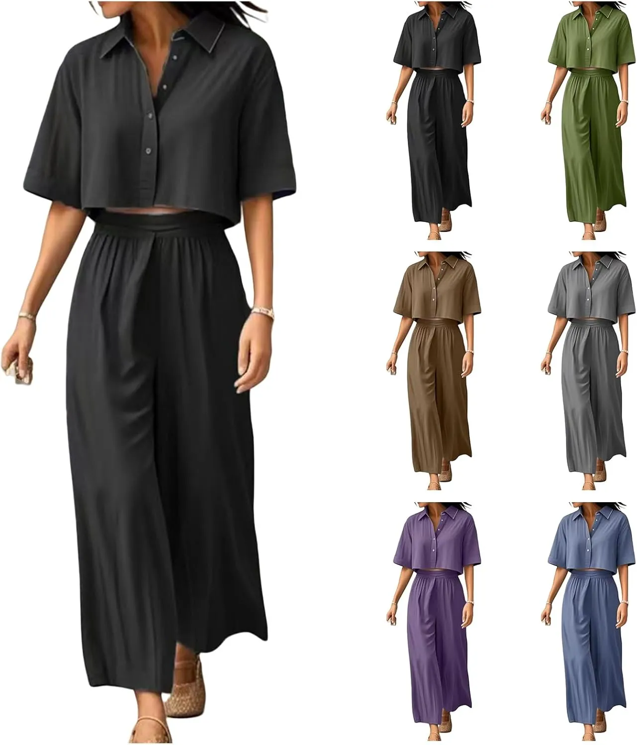 Canbebig Linen Two Piece Set Women Summer Vacation Outfits Wide Leg Pants Short Sleeve Button Down Crop Shirt Loungewear