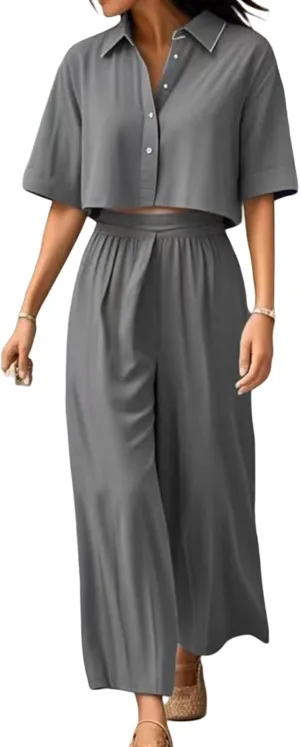 Canbebig Linen Two Piece Set Women Summer Vacation Outfits Wide Leg Pants Short Sleeve Button Down Crop Shirt Loungewear