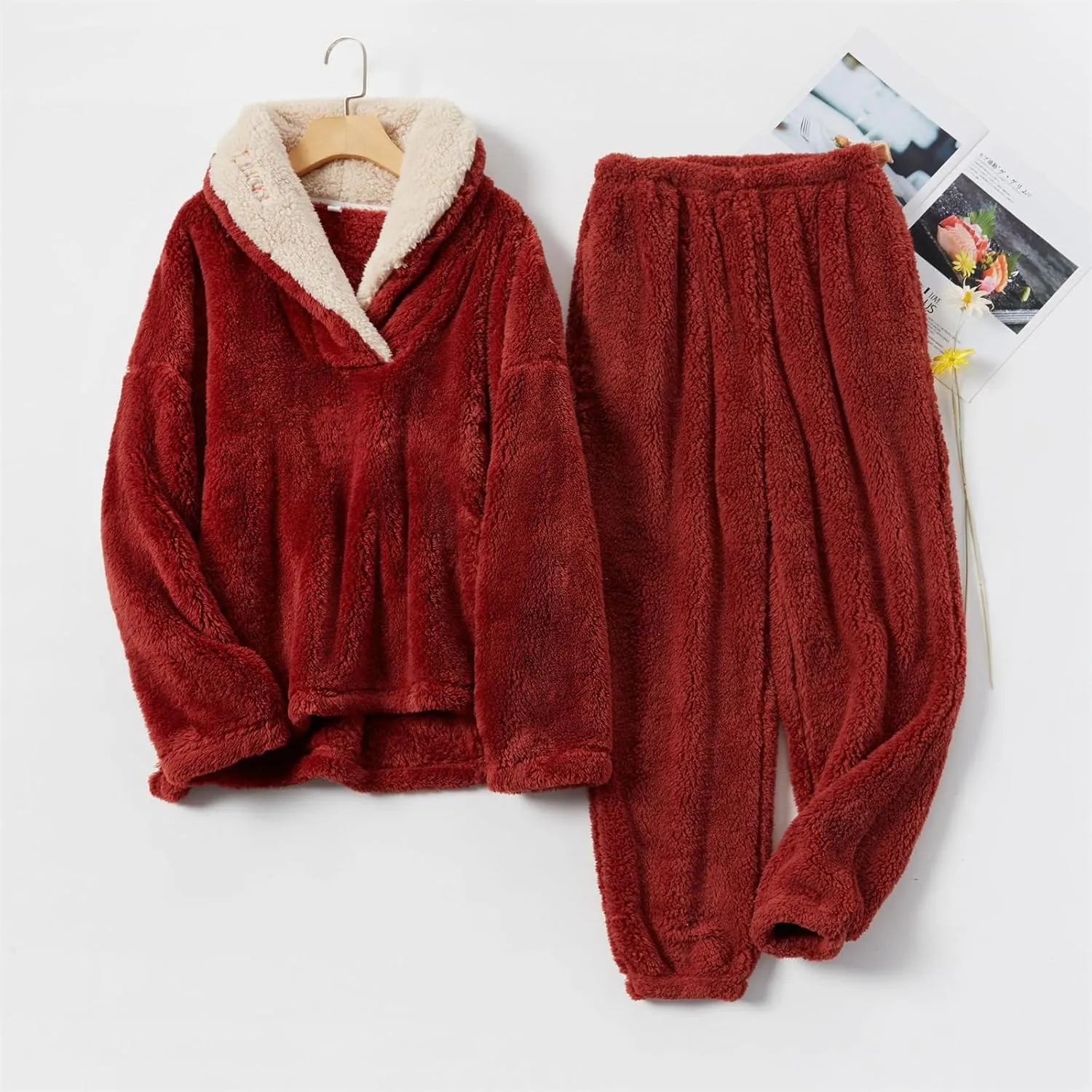 Canbebig Matching Pajamas Sets Women Men Couples 2 Piece Fuzzy Fleece Full Zip Hoodies Wide Leg Pants Lounge Sets Sleepwear
