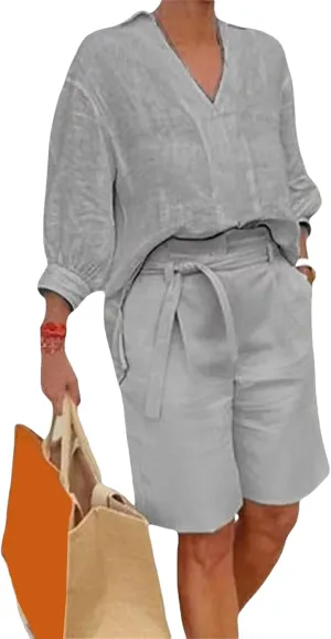 Canbebig Womens 2 Piece Sets Cotton Linen Sets 3/4 Sleeve V Neck Top and High Waisted Shorts Sets Matching Sets with Pockets