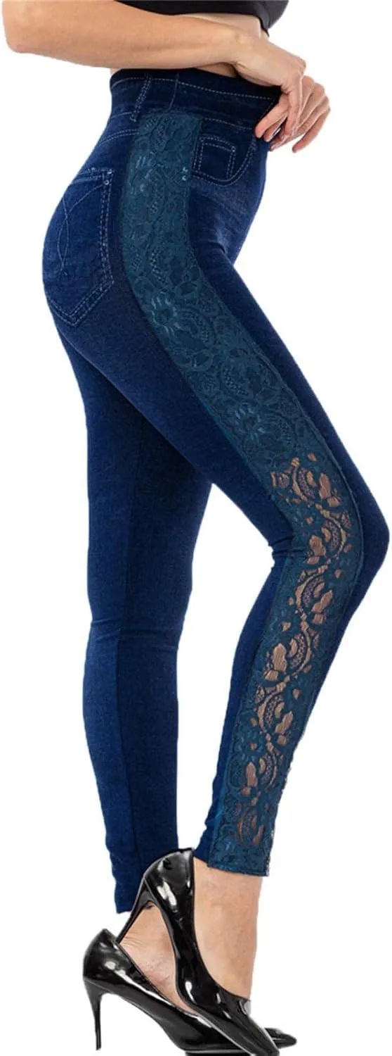 Casual Leggings for Women Simulation Jeans High Waist Printed Lace Hollow Tummy Control Butt Lifting Pants Workout Tights Slimming Patterned Compression Athletic Fitted tall dressy womens B39-Blue