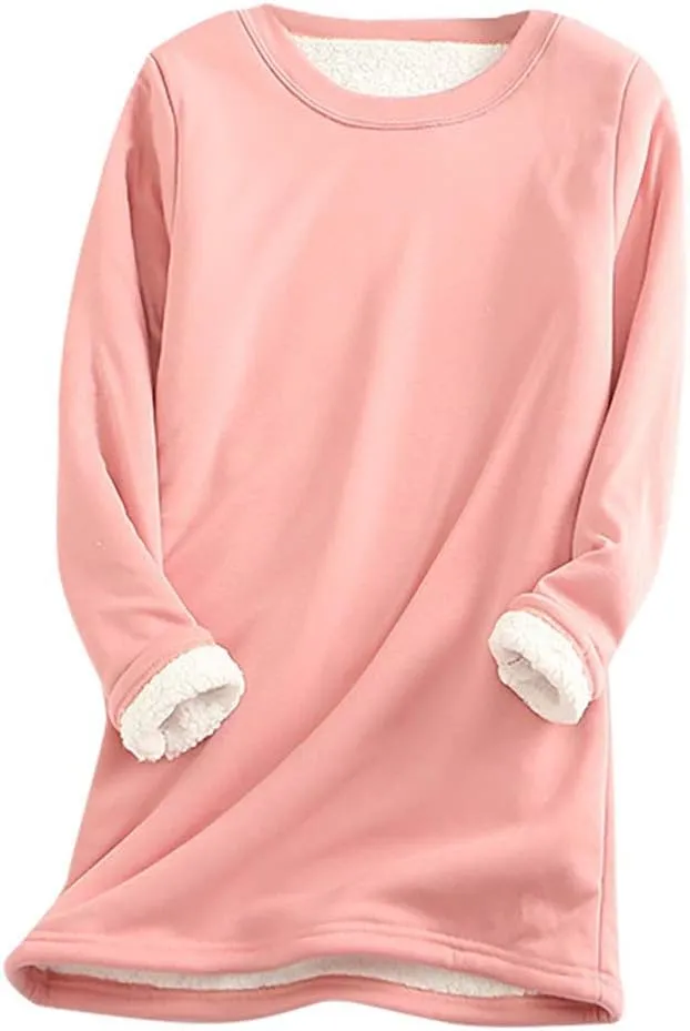 Ceboyel Womens Fleece Pullover Sweatshirt No Hood Shirts Sweater Sherpa Lined Tunic Sweatshirts Warm Winter Loungewear 2023