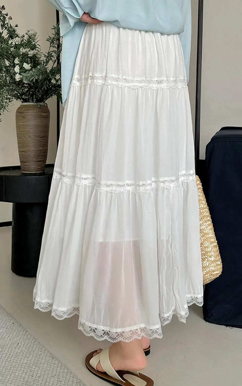 CHARTOU Women Summer Boho Elastic Waist Lace Trim Swing Tiered Long Skirt