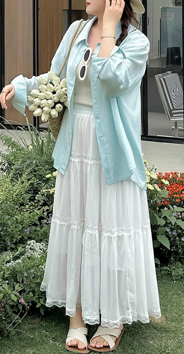 CHARTOU Women Summer Boho Elastic Waist Lace Trim Swing Tiered Long Skirt