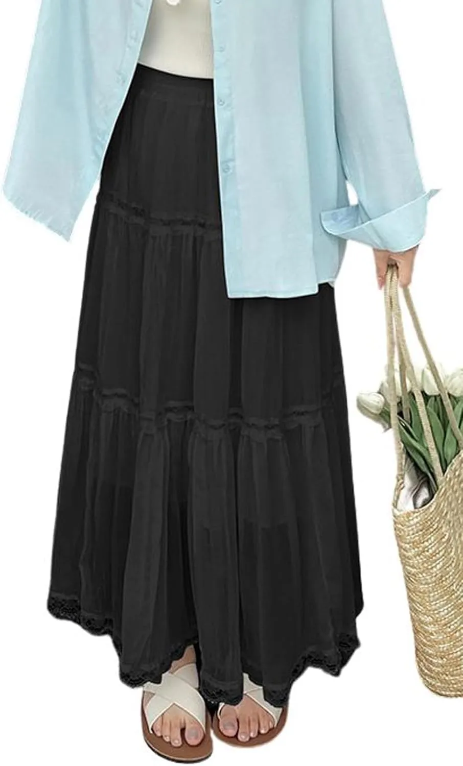 CHARTOU Women Summer Boho Elastic Waist Lace Trim Swing Tiered Long Skirt