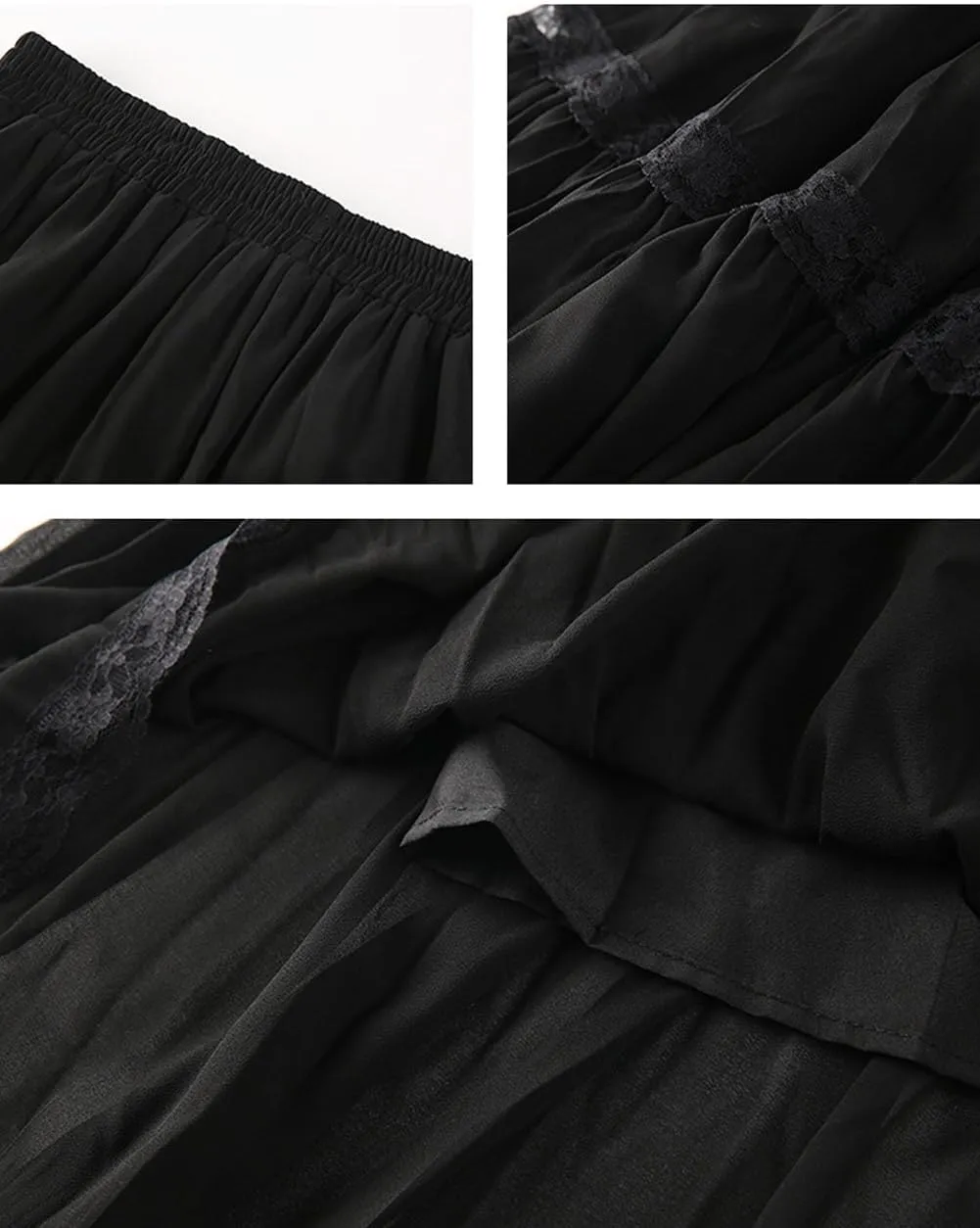 CHARTOU Women Summer Boho Elastic Waist Lace Trim Swing Tiered Long Skirt