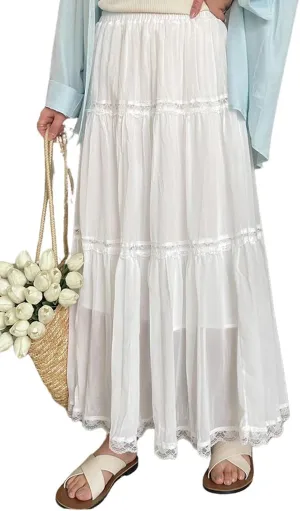 CHARTOU Women Summer Boho Elastic Waist Lace Trim Swing Tiered Long Skirt