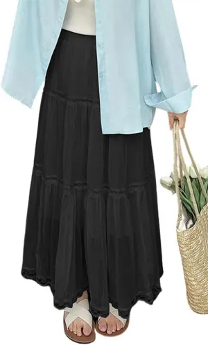 CHARTOU Women Summer Boho Elastic Waist Lace Trim Swing Tiered Long Skirt