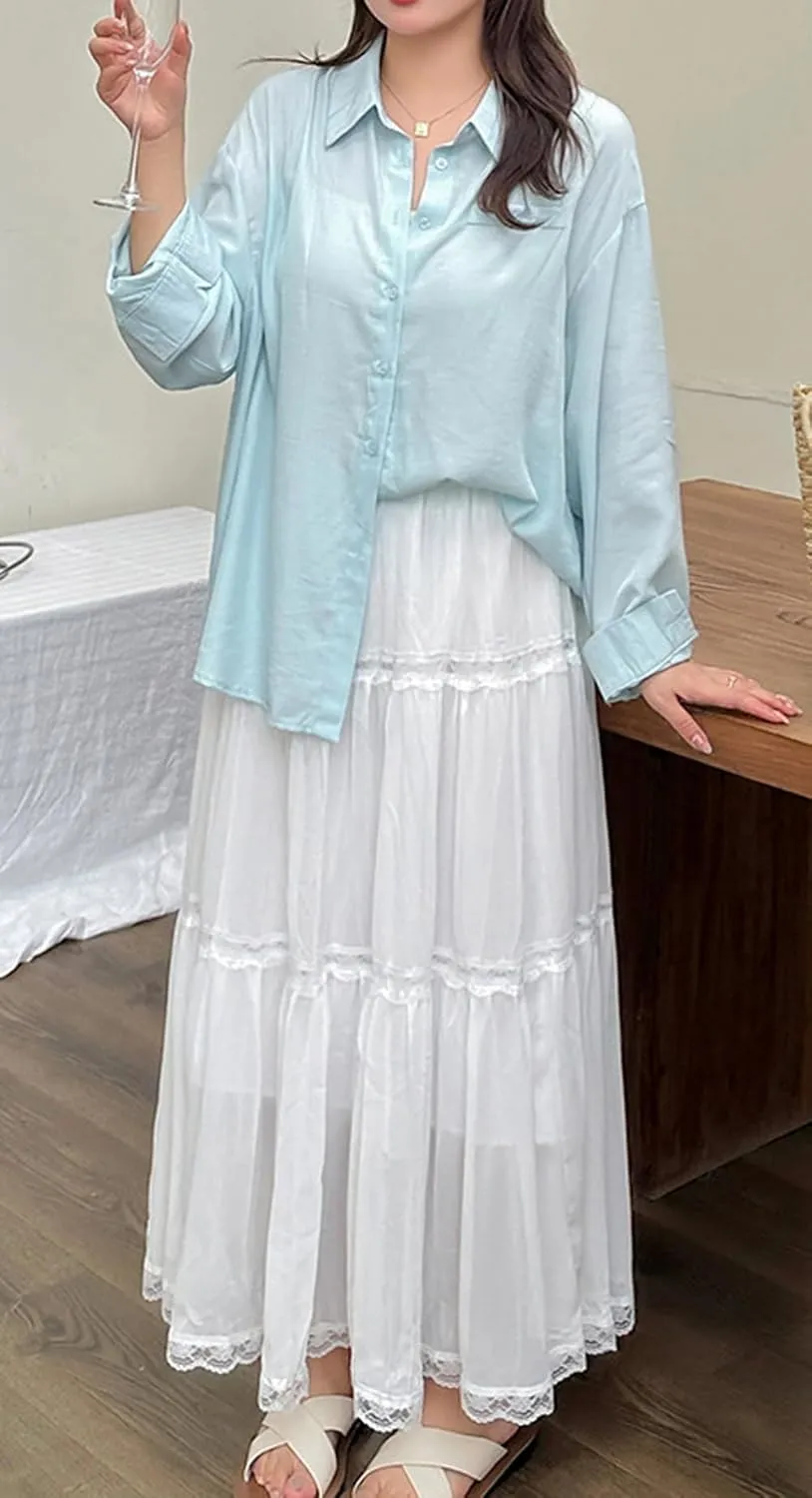 CHARTOU Women Summer Boho Elastic Waist Lace Trim Swing Tiered Long Skirt