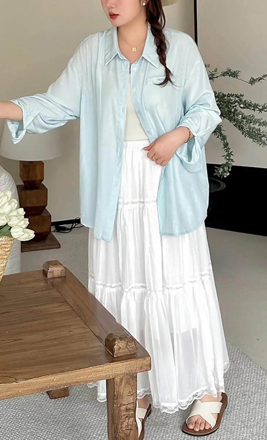 CHARTOU Women Summer Boho Elastic Waist Lace Trim Swing Tiered Long Skirt